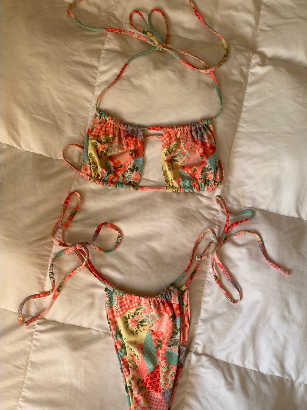 Floral Patchwork Tie Bikini Set - Coral, Mint & Yellow